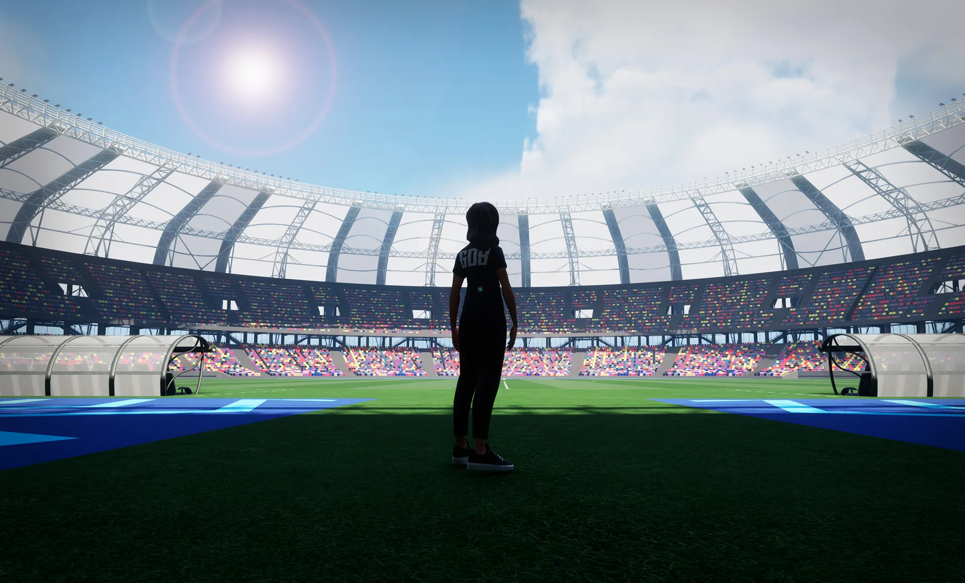 Back view of a female avatar overlooking the Estadio Único Madre de Ciudades in the Metaverse