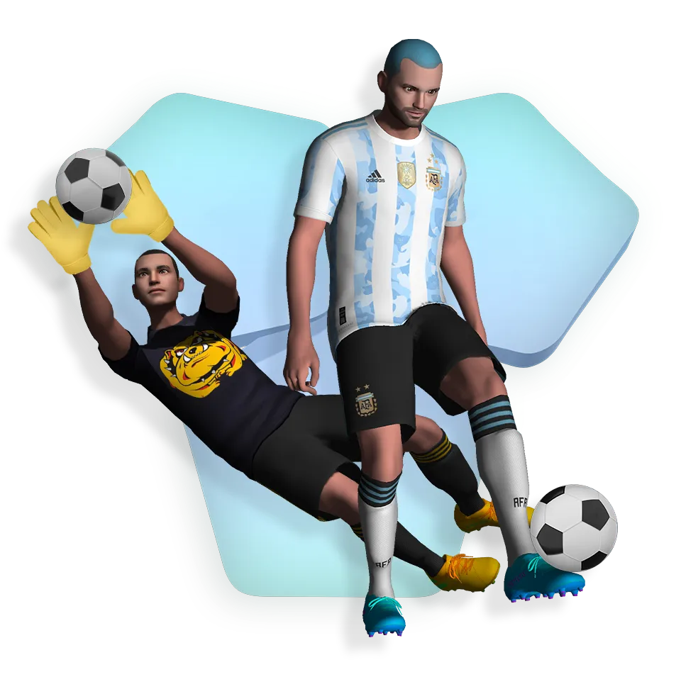 Two avatars playing soccer, one wearing an Argentina jersey and the other goalkeeper adorned in José Luis Chilavert jersey
