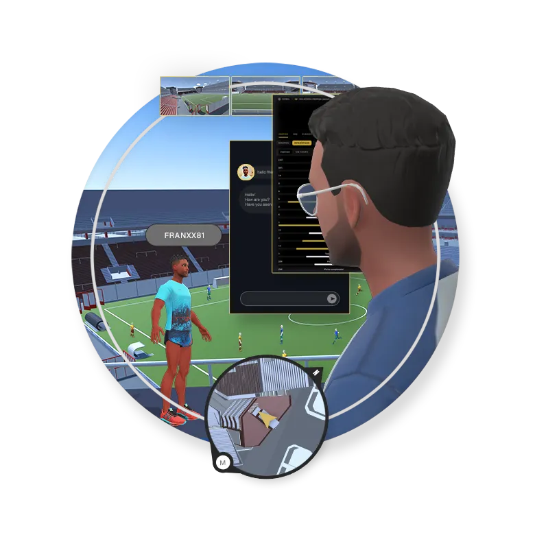 An avatar watching a soccer match in the game's stadium, surrounded by chat windows, statistics, photos, and a video call