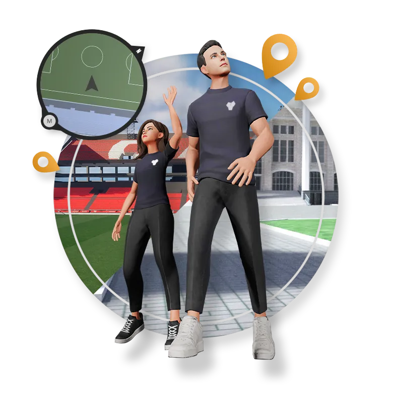 Man and woman avatars visiting the streets and stadiums of the game