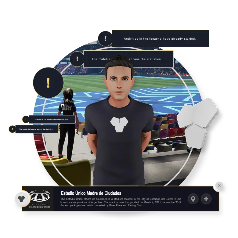 A male avatar in a stadium with game notifications visible around